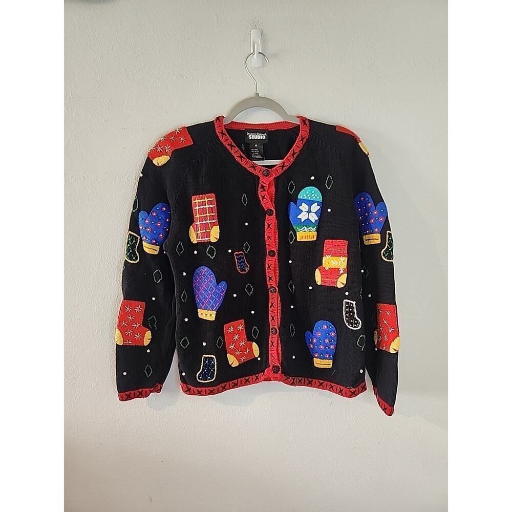 Vintage Christmas Designer Originals Studio cardigan Med Mittens Beaded Sweater